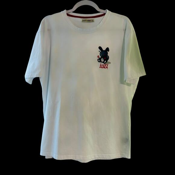 Lucky Brand White 2XL Embroidered Lucky Charm Blue Voodoo Bunny Holding Rose - Picture 7 of 8